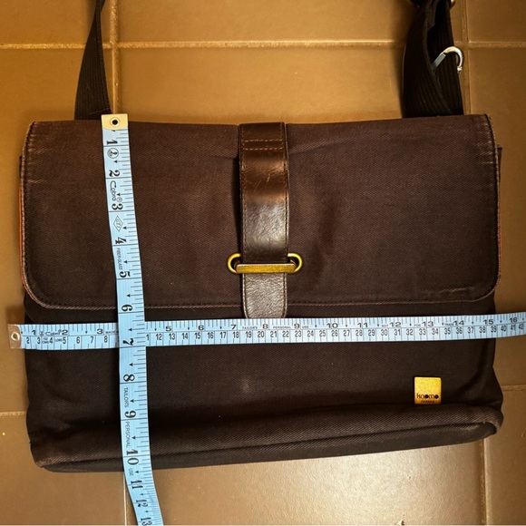 KNOMO LONDON TROON Slim Messenger Laptop Bag Brown Canvas Leather Satchel - Picture 16 of 17